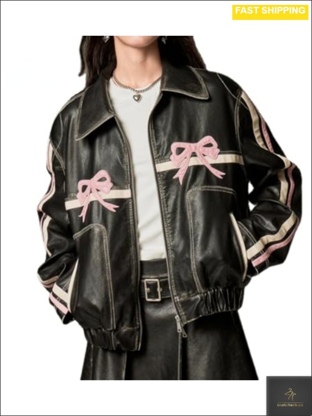 Faux Leather Bomber Jacket Bow Y2K Vintage Style Women's Outerwear
